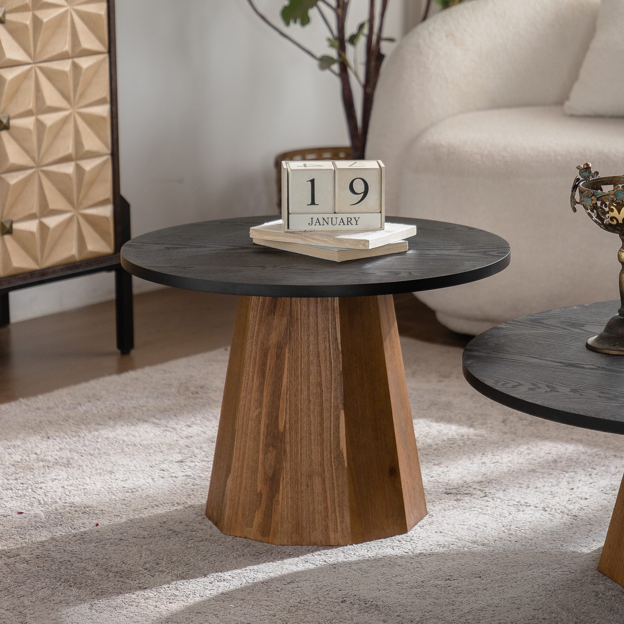 1 Two-Tone Round MDF Side Table - Modern Faceted Pedestal Accent Table - Image 1