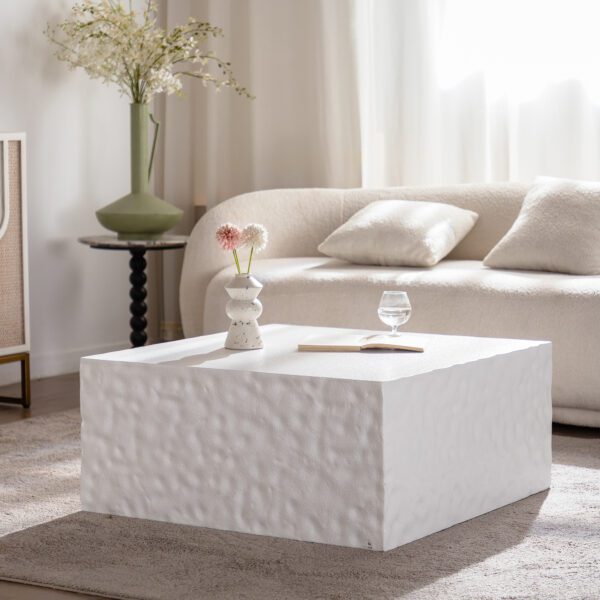 White Hammered-Textured MDF Cube Coffee Table - Modern Square Block Accent Table
