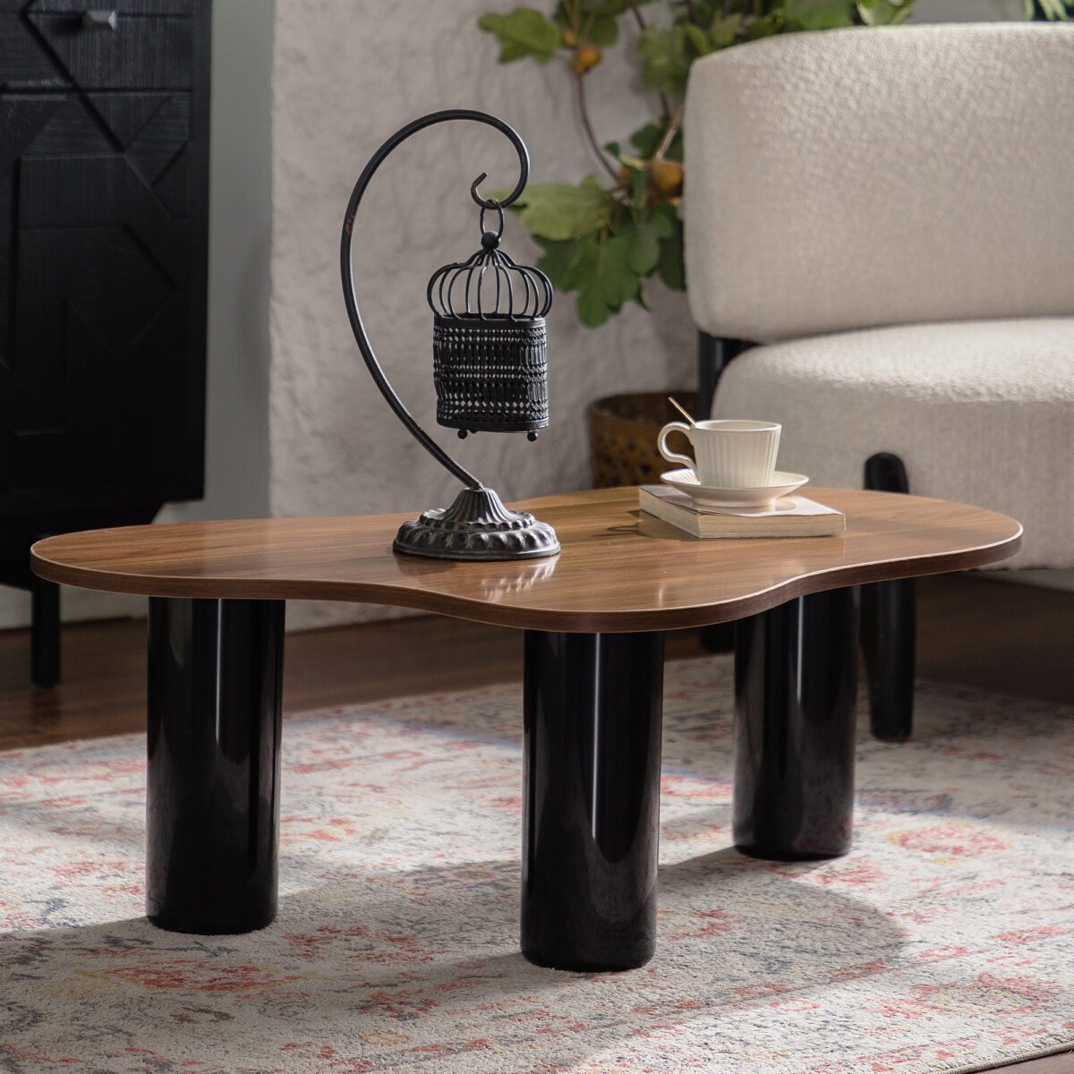 Irregular Organic Walnut Grain MDF Coffee Table, Modern Gloss Cylindrical Leg Accent Table - Image 2