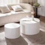 White Fluted Nesting Round MDF Coffee Table Set of 2, Modern Ribbed Cylinder Accent Tables