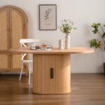Oval MDF Dining Table with Storage Cabinet, Fluted Pedestal Wood Grain Kitchen Table