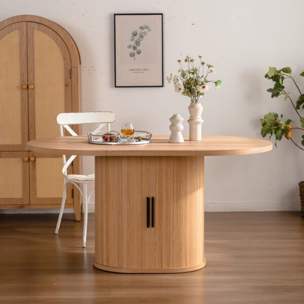 Oval MDF Dining Table with Storage Cabinet, Fluted Pedestal Wood Grain Kitchen Table