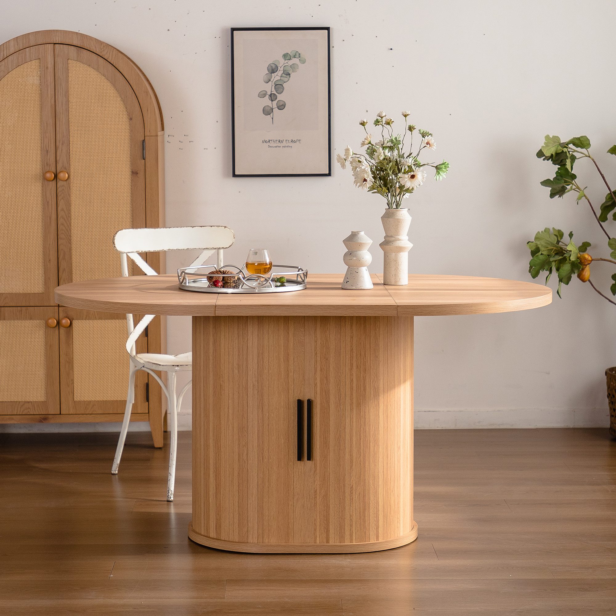 1 Oval MDF Dining Table with Storage Cabinet, Fluted Pedestal Wood Grain Kitchen Table - Image 1