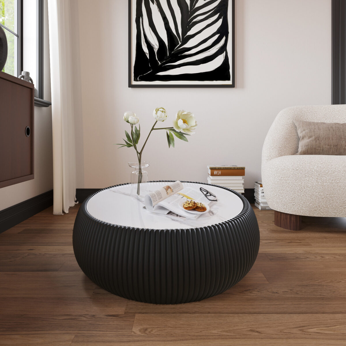 Black Round Faux Marble Coffee Table with Vertical Fluted PU Leather Hollow Drum Base, Modern Minimalist Living Room Center Table - Image 2