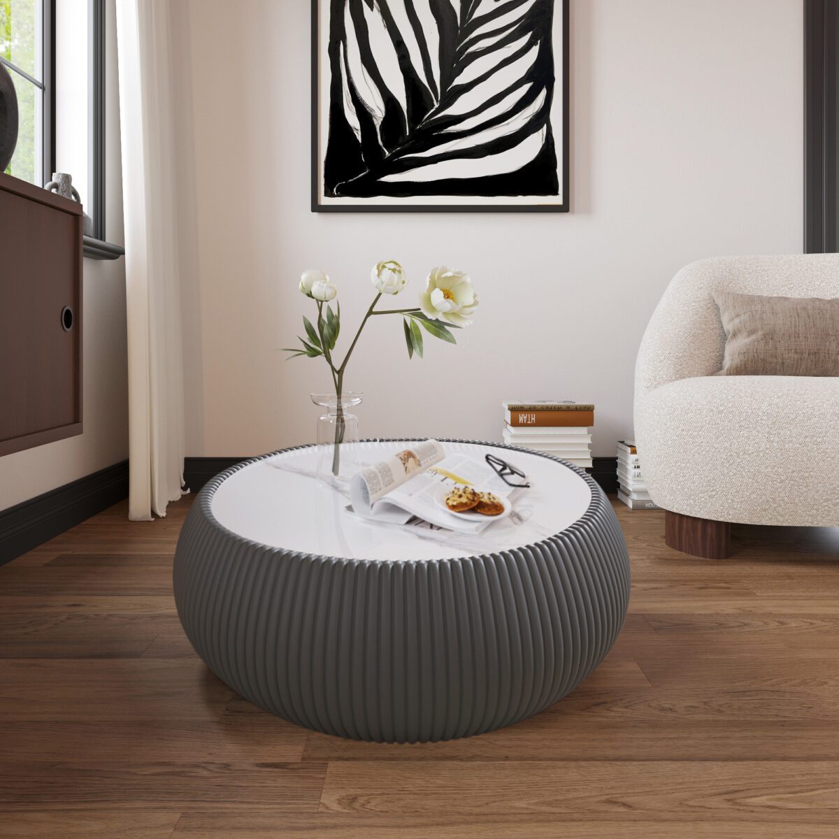 Gray Round Faux Marble Coffee Table with Vertical Fluted PU Leather Hollow Drum Base, Modern Minimalist Living Room Center Table - Image 2