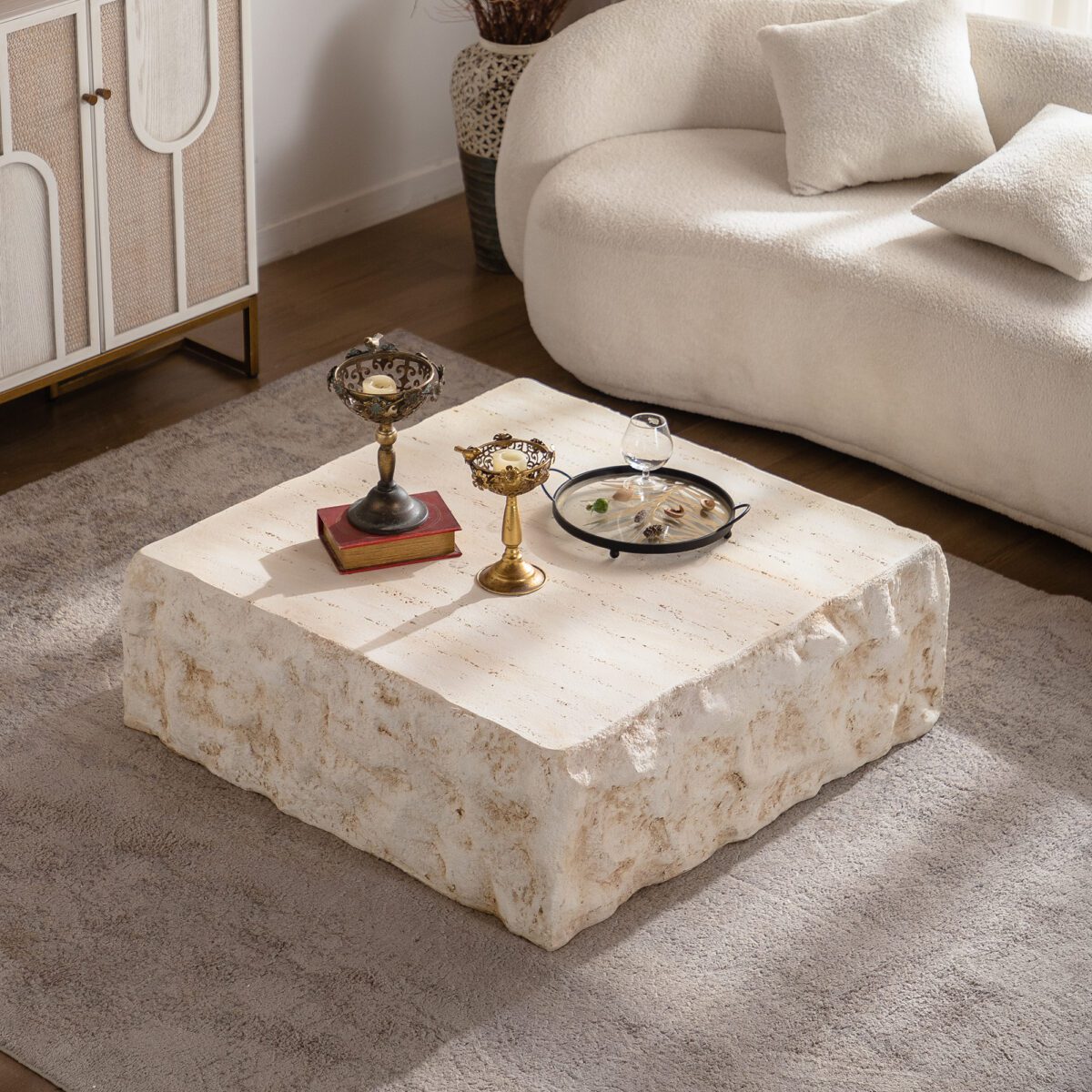 Travertine-Effect MDF Cube Coffee Table - Organic Square Block Accent Table - Image 2