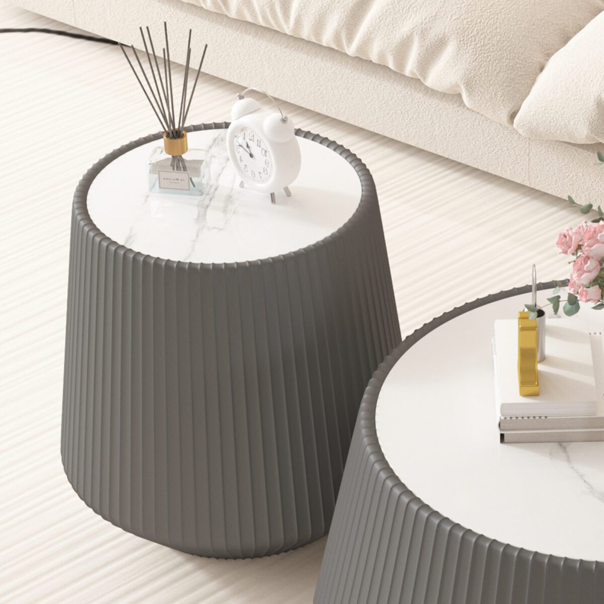 Round Faux Marble Top Side Table with Vertical Fluted PU Leather Drum Base, Modern Cone Accent End Table - Image 2