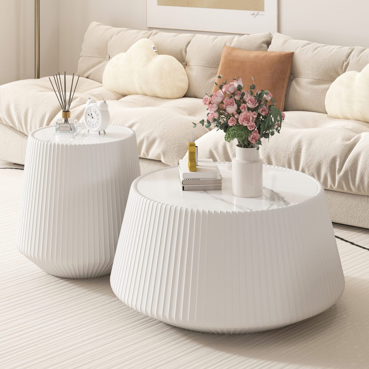 White Round Faux Marble Top End Table with Vertical Fluted PU Leather Tapered Base, Modern Cone-Shaped Accent Side Table - Image 2