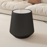Black Round Faux Marble Top Side Table with Vertical Fluted PU Leather Cone Base, Modern Compact Accent End Table
