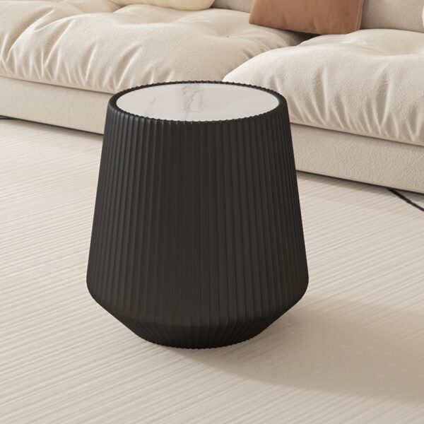 Black Round Faux Marble Top Side Table with Vertical Fluted PU Leather Cone Base, Modern Compact Accent End Table