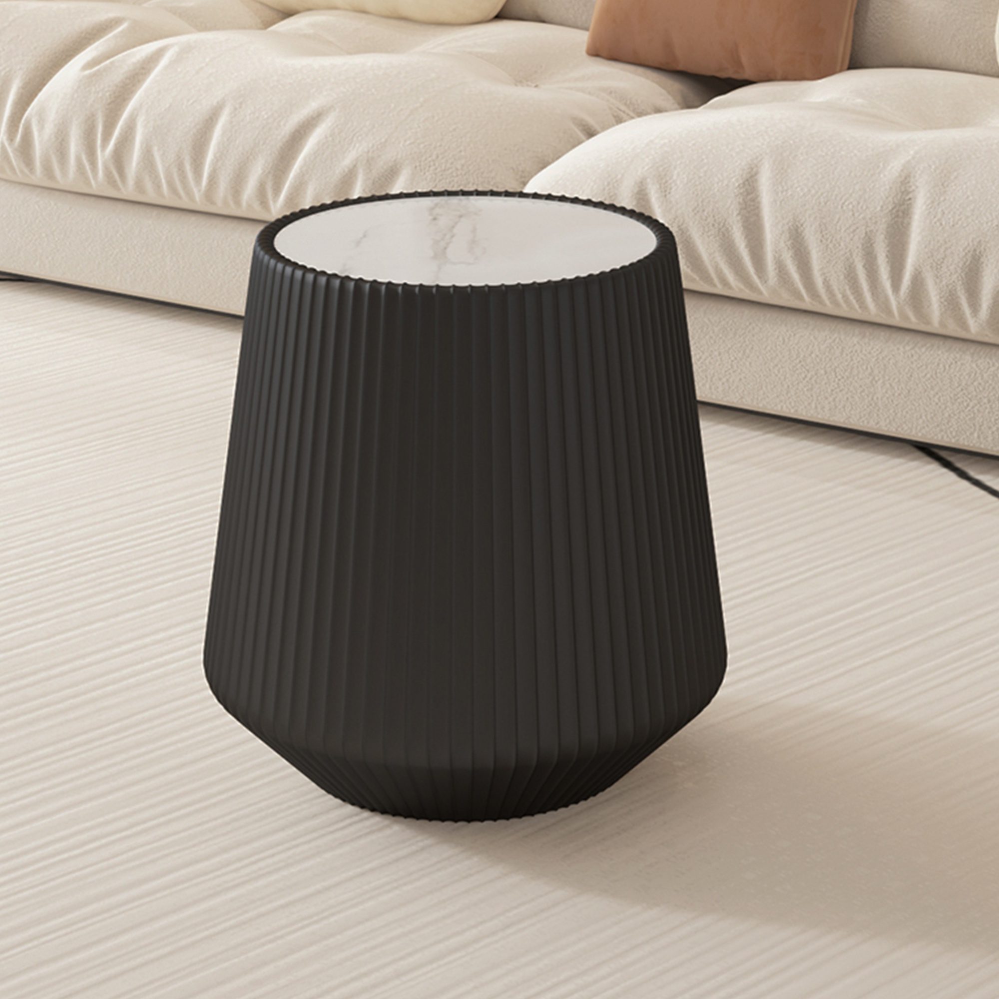 2 Black Round Faux Marble Top Side Table with Vertical Fluted PU Leather Cone Base, Modern Compact Accent End Table - Image 1