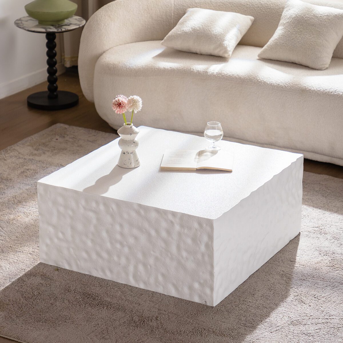 White Hammered-Textured MDF Cube Coffee Table - Modern Square Block Accent Table - Image 2