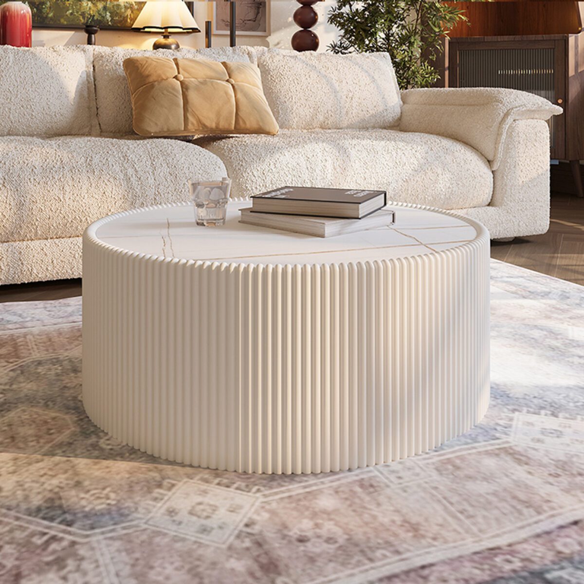 Round Faux Marble Top Coffee Table with Vertical Fluted PU Leather Drum Base, Modern Cream White Living Room Center Table - Image 2