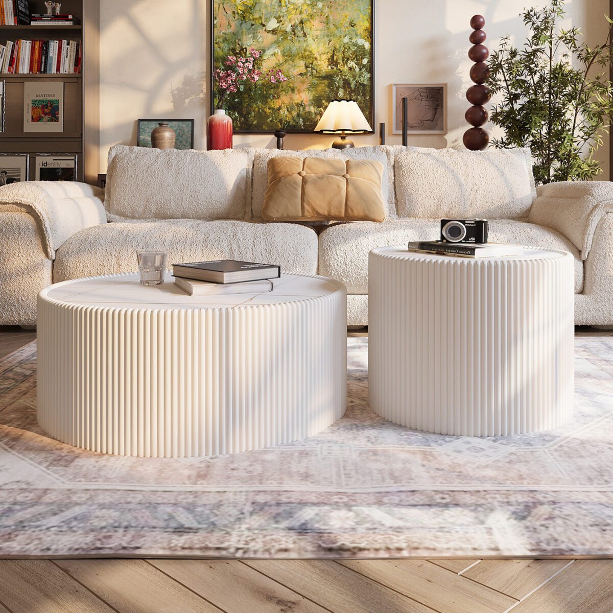 Round Faux Marble Top Side Table with Vertical Fluted PU Leather Cylinder Base, Modern Cream Accent End Table - Image 2