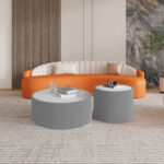 Set of 2 Nesting Round Coffee Tables, Faux Marble Top with Vertical Fluted PU Leather Hollow Drum Base Accent Table Set（Grey）