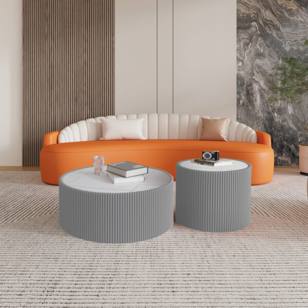 Set of 2 Nesting Round Coffee Tables, Faux Marble Top with Vertical Fluted PU Leather Hollow Drum Base Accent Table Set（Grey）