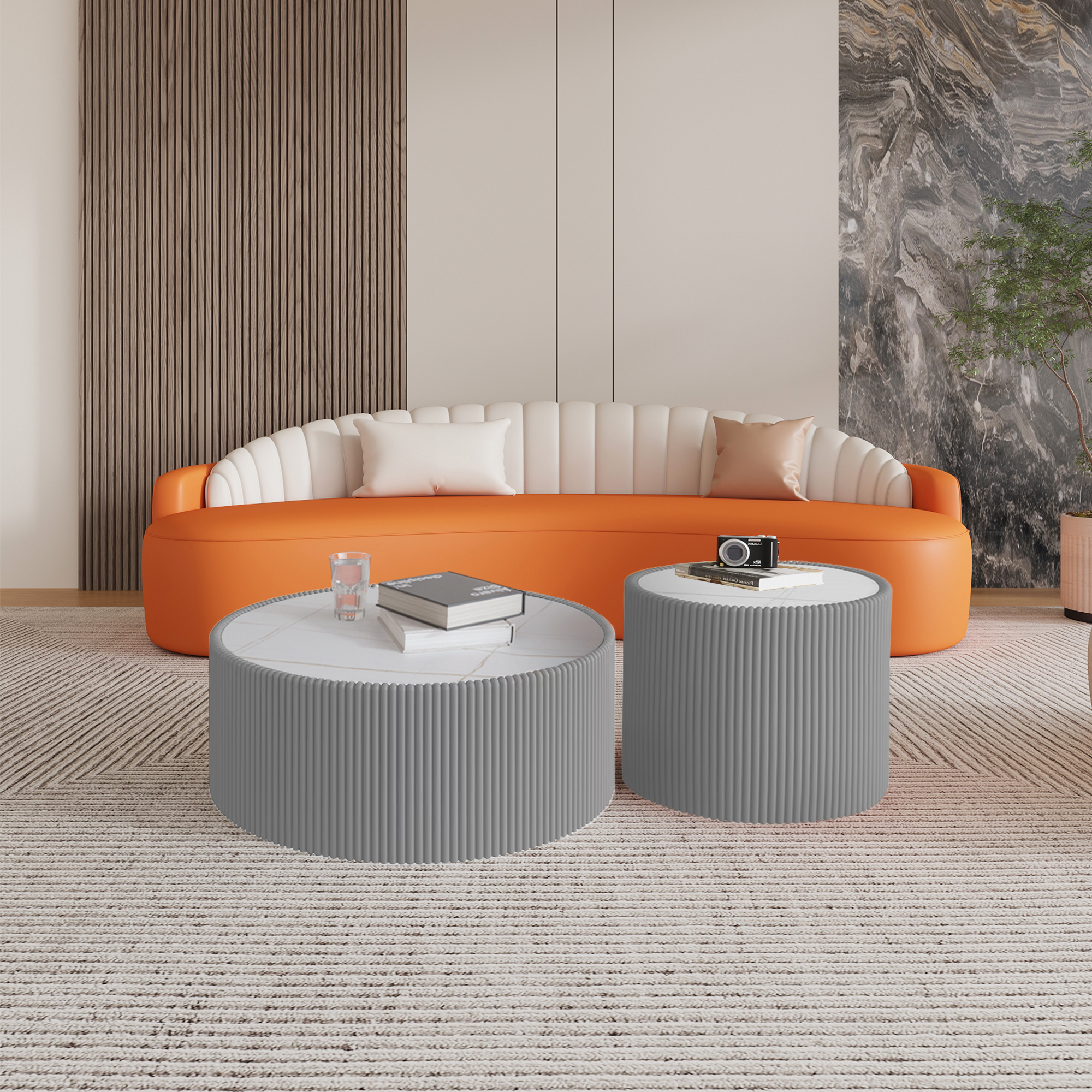 2 Set of 2 Nesting Round Coffee Tables, Faux Marble Top with Vertical Fluted PU Leather Hollow Drum Base Accent Table Set(Grey) - Image 1