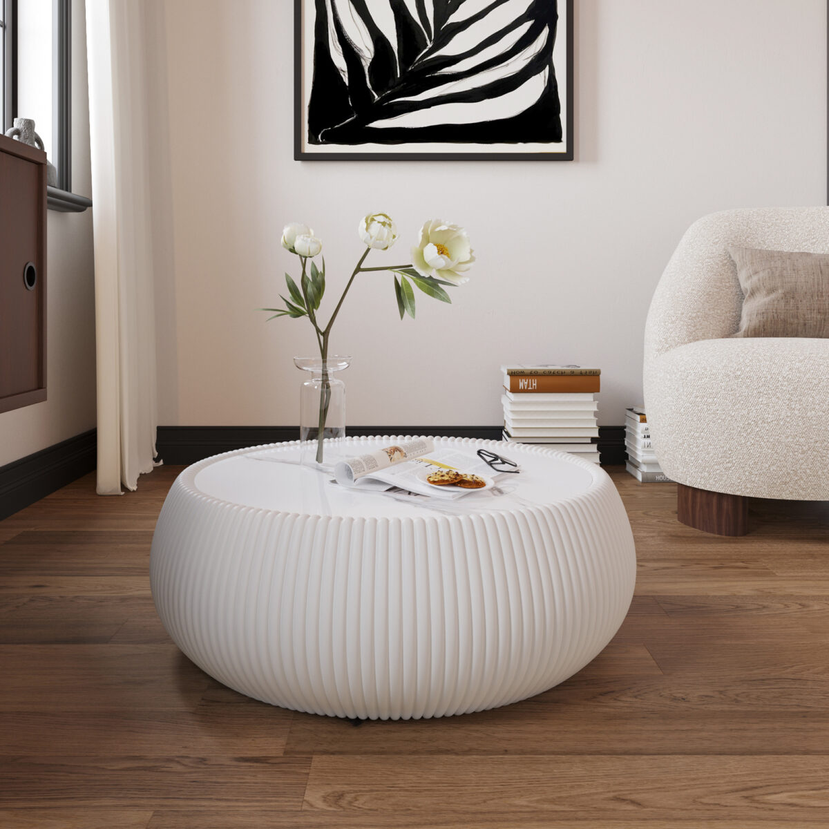 White Round Faux Marble Coffee Table with Vertical Fluted PU Leather Hollow Drum Base, Modern Minimalist Living Room Center Table - Image 2