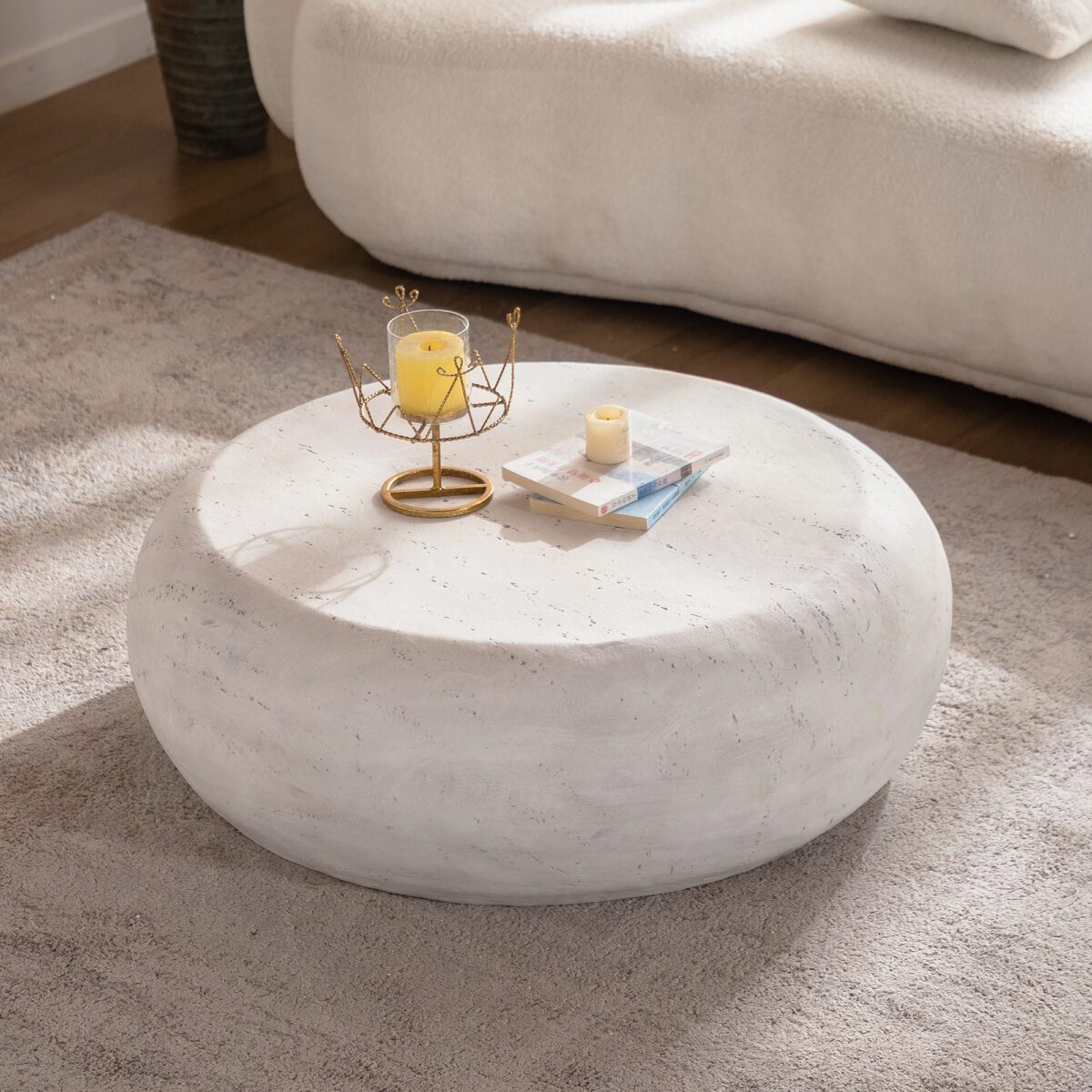 Outdoor Round Travertine-Effect  Coffee Table - Weather-Resistant Low-Profile Patio Accent Table - Image 3