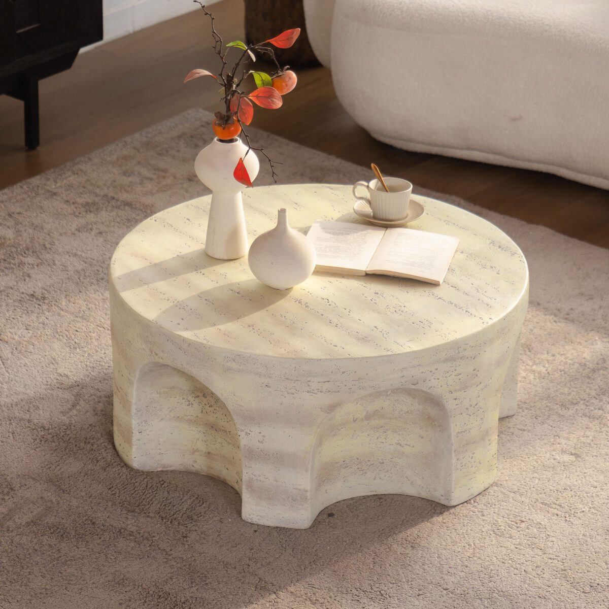 Round Travertine-Effect MDF Coffee Table - Modern Organic Accent Table with Arched Cutouts - Image 2