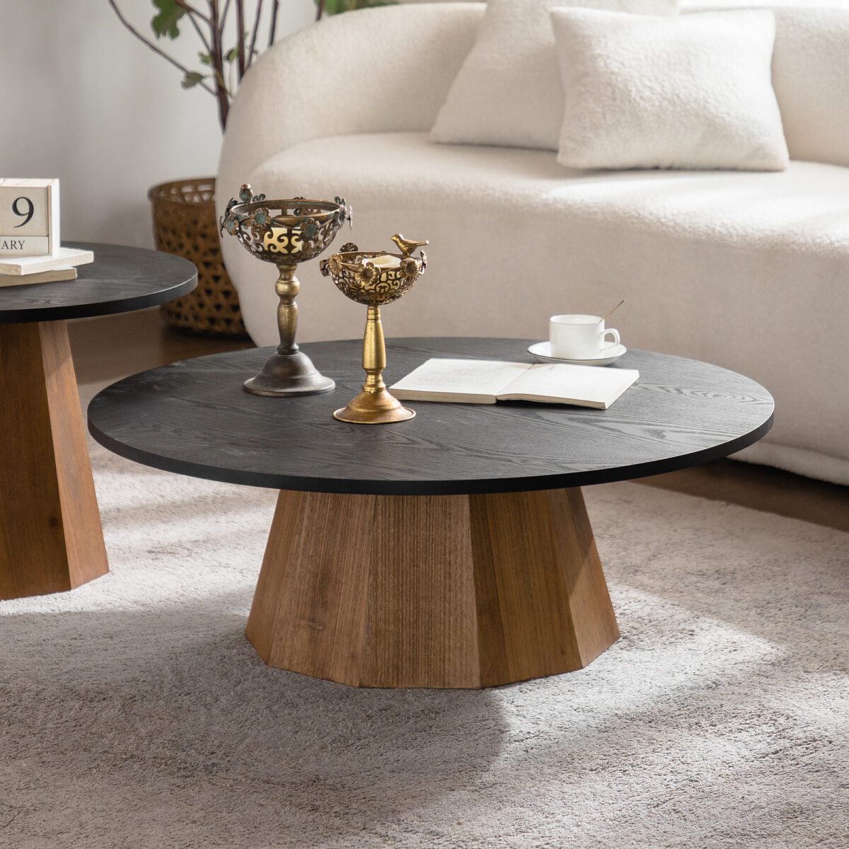 Two-Tone Round MDF Coffee Table - Modern Pedestal Accent Table with Wood Veneer Finish - Image 2