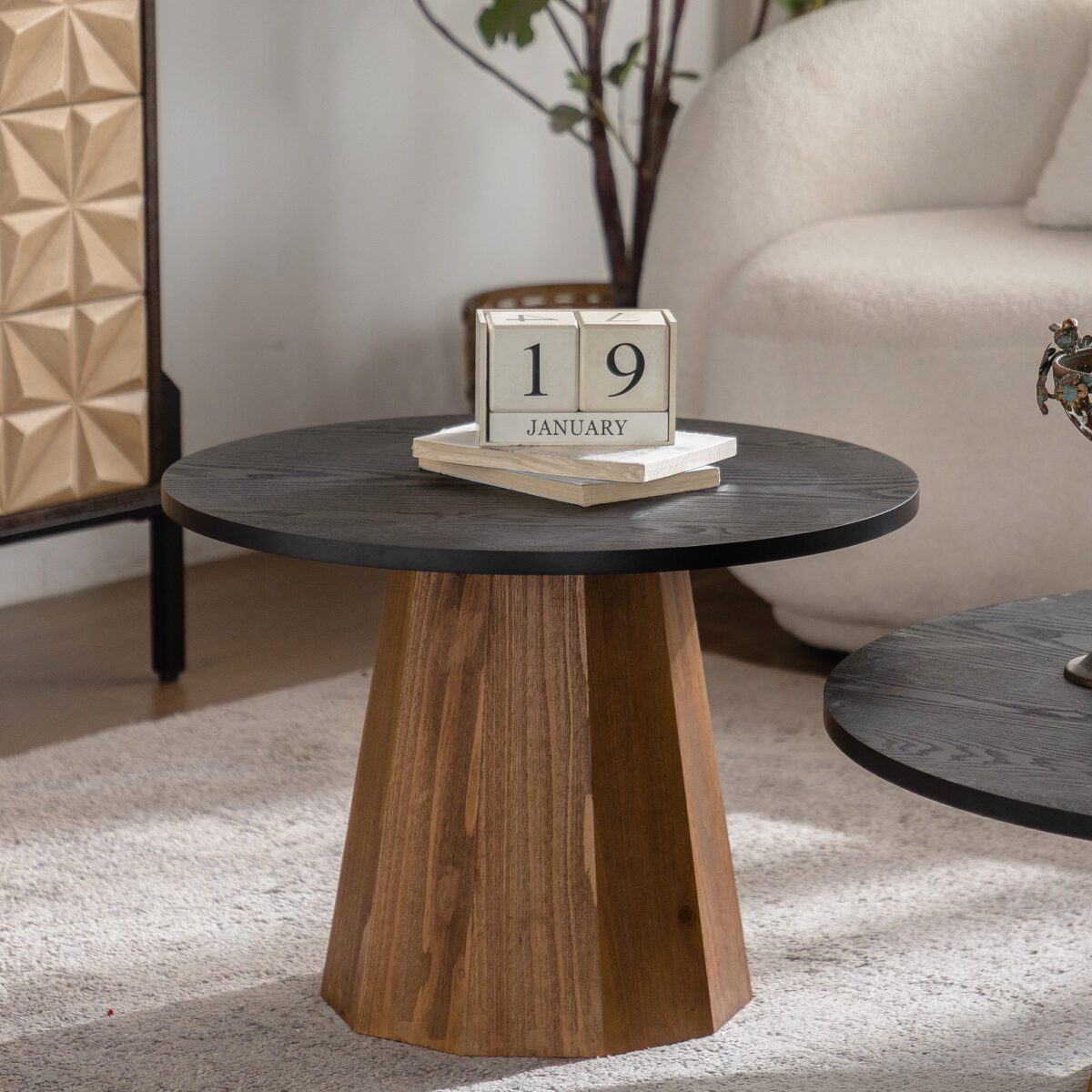 Two-Tone Round MDF Side Table - Modern Faceted Pedestal Accent Table - Image 2