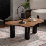 Irregular Organic Walnut Grain MDF Coffee Table, Modern Gloss Cylindrical Leg Accent Table