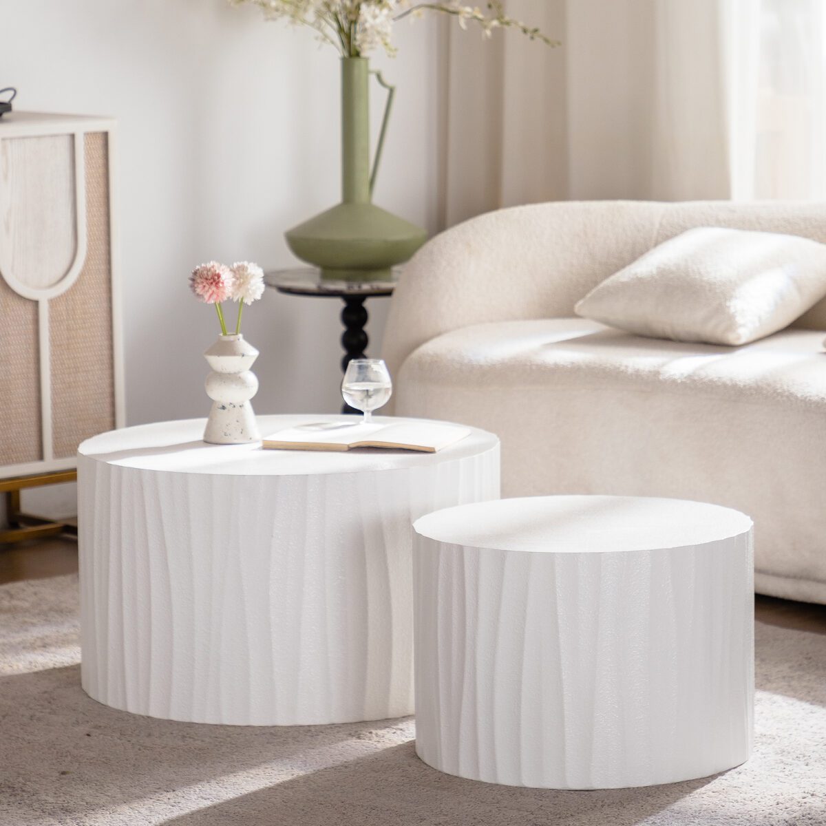 White Fluted Nesting Round MDF Coffee Table Set of 2, Modern Ribbed Cylinder Accent Tables - Image 2