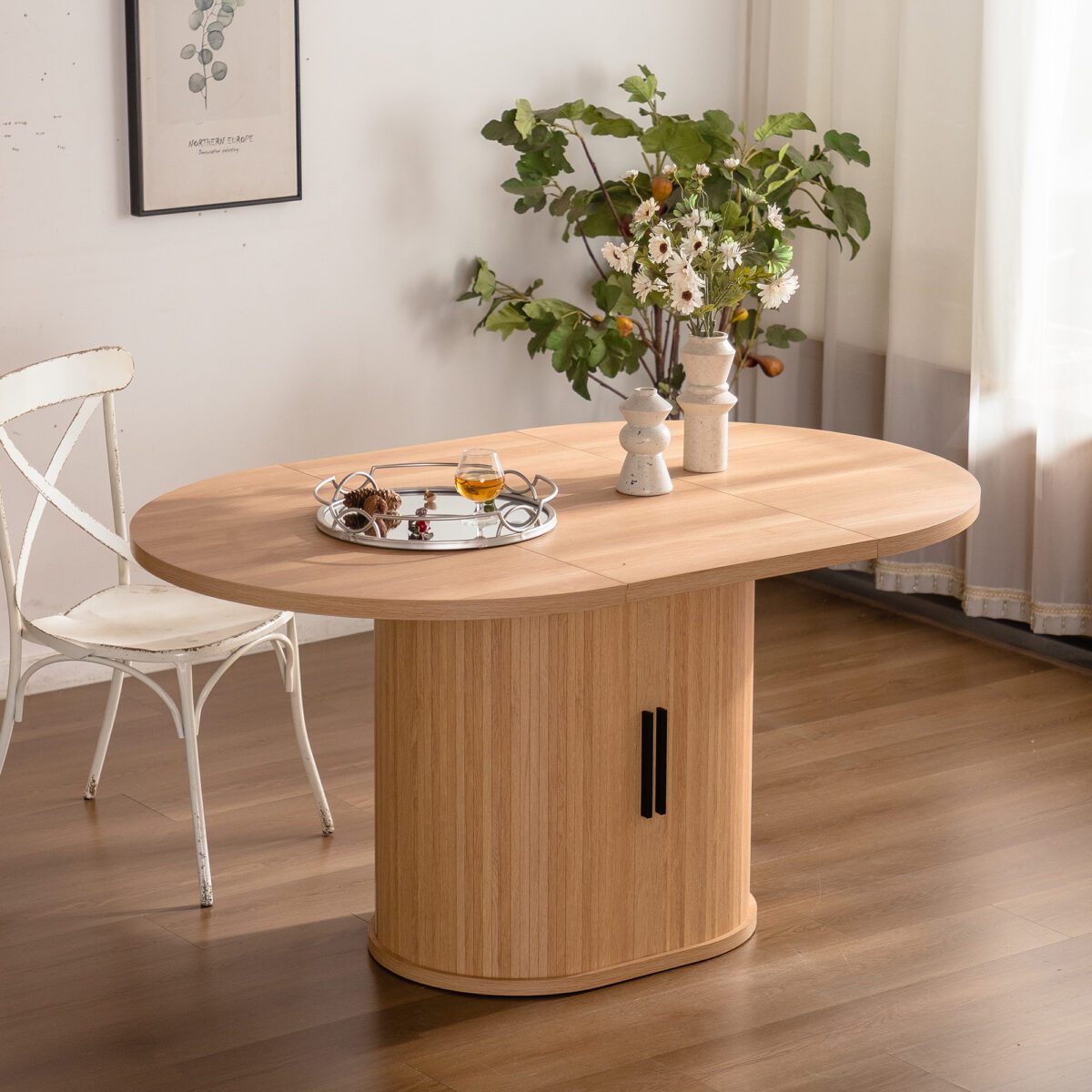 Oval MDF Dining Table with Storage Cabinet, Fluted Pedestal Wood Grain Kitchen Table - Image 2