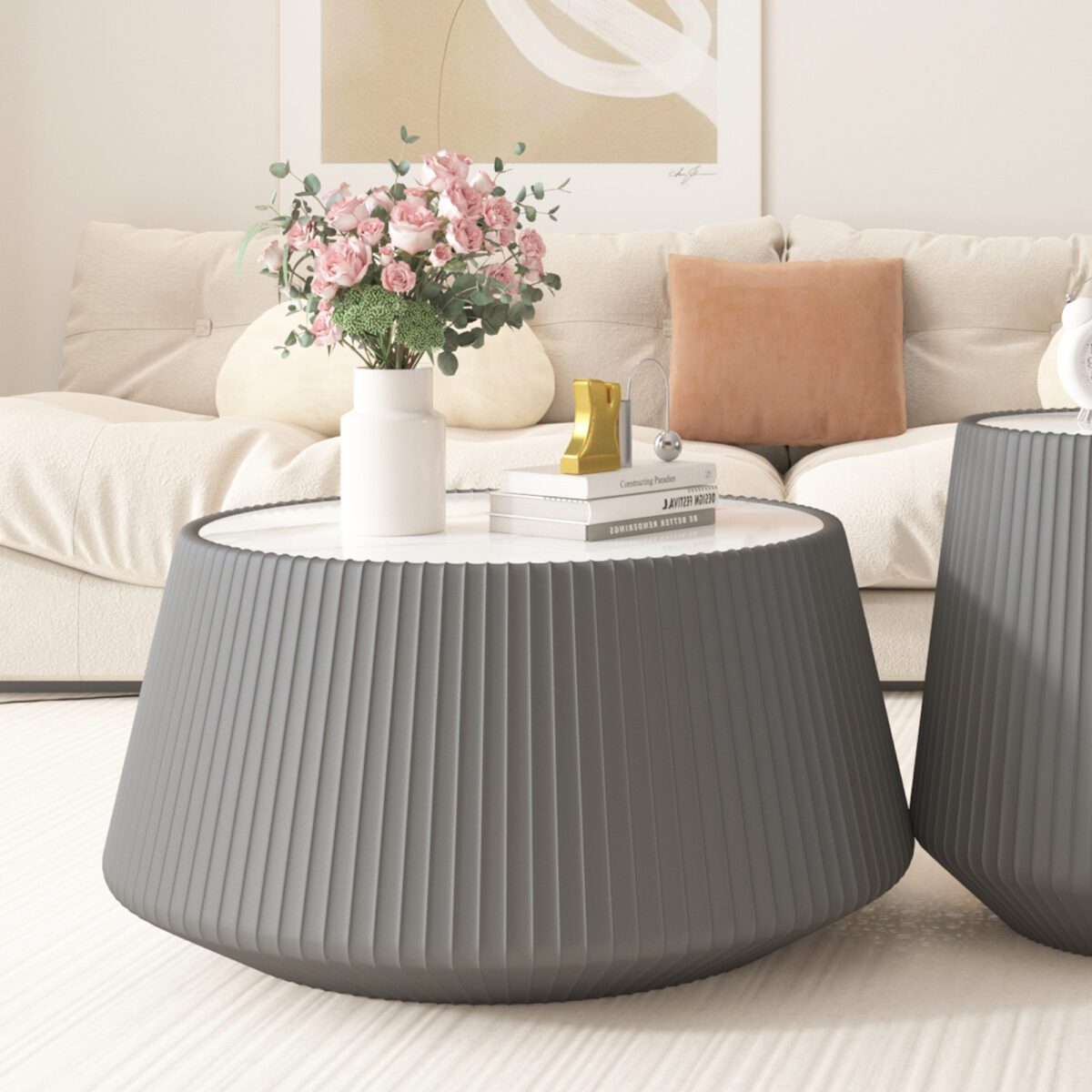 Round Faux Marble Top Coffee Table with Vertical Fluted PU Leather Wrapped Drum Base, Modern Minimalist Accent Table - Image 2