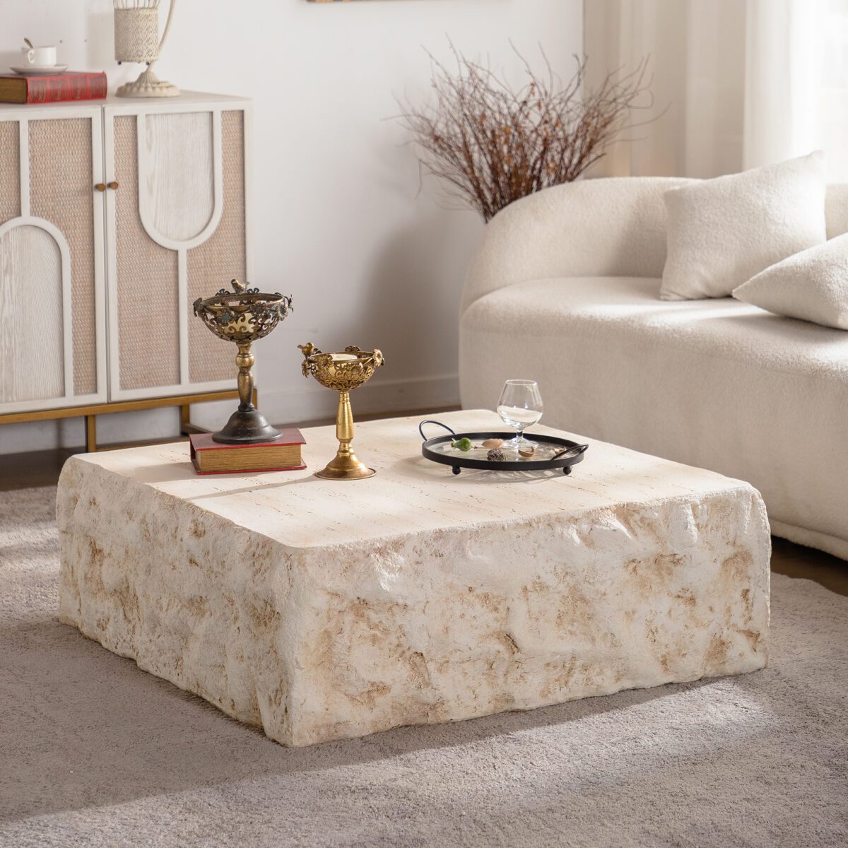 Travertine-Effect MDF Cube Coffee Table - Organic Square Block Accent Table - Image 3