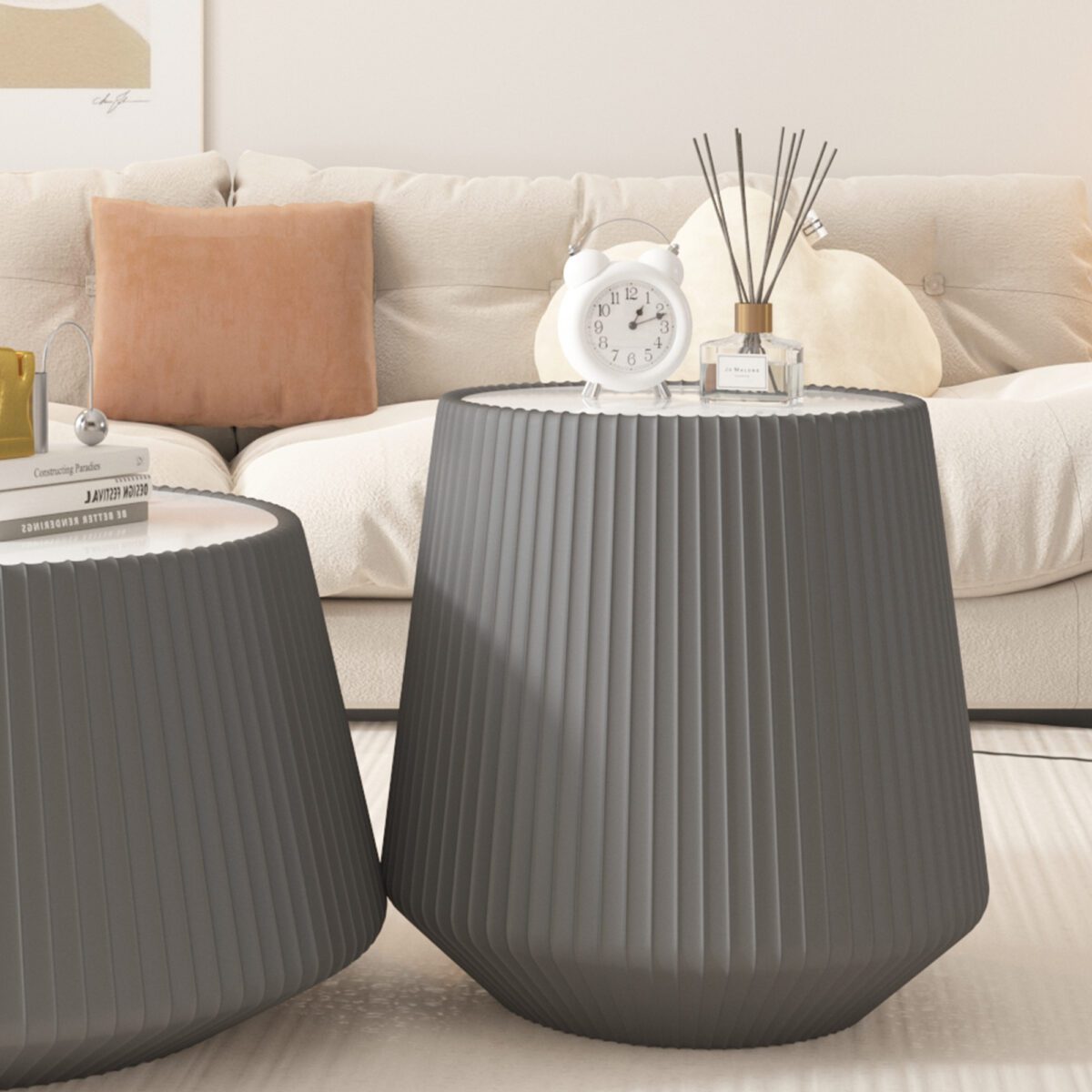 Round Faux Marble Top Side Table with Vertical Fluted PU Leather Drum Base, Modern Cone Accent End Table - Image 3