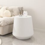 White Round Faux Marble Top End Table with Vertical Fluted PU Leather Tapered Base, Modern Cone-Shaped Accent Side Table