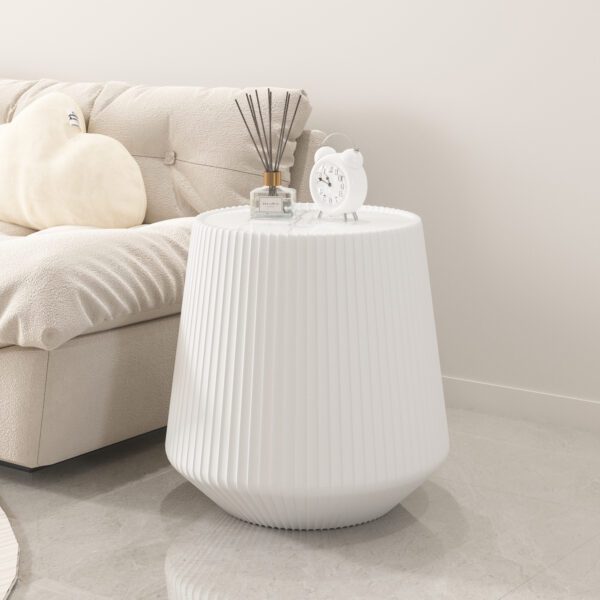 White Round Faux Marble Top End Table with Vertical Fluted PU Leather Tapered Base, Modern Cone-Shaped Accent Side Table