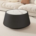 Black Round Faux Marble Top Coffee Table with Vertical Fluted PU Leather Drum Base, Modern Minimalist Living Room Accent Table