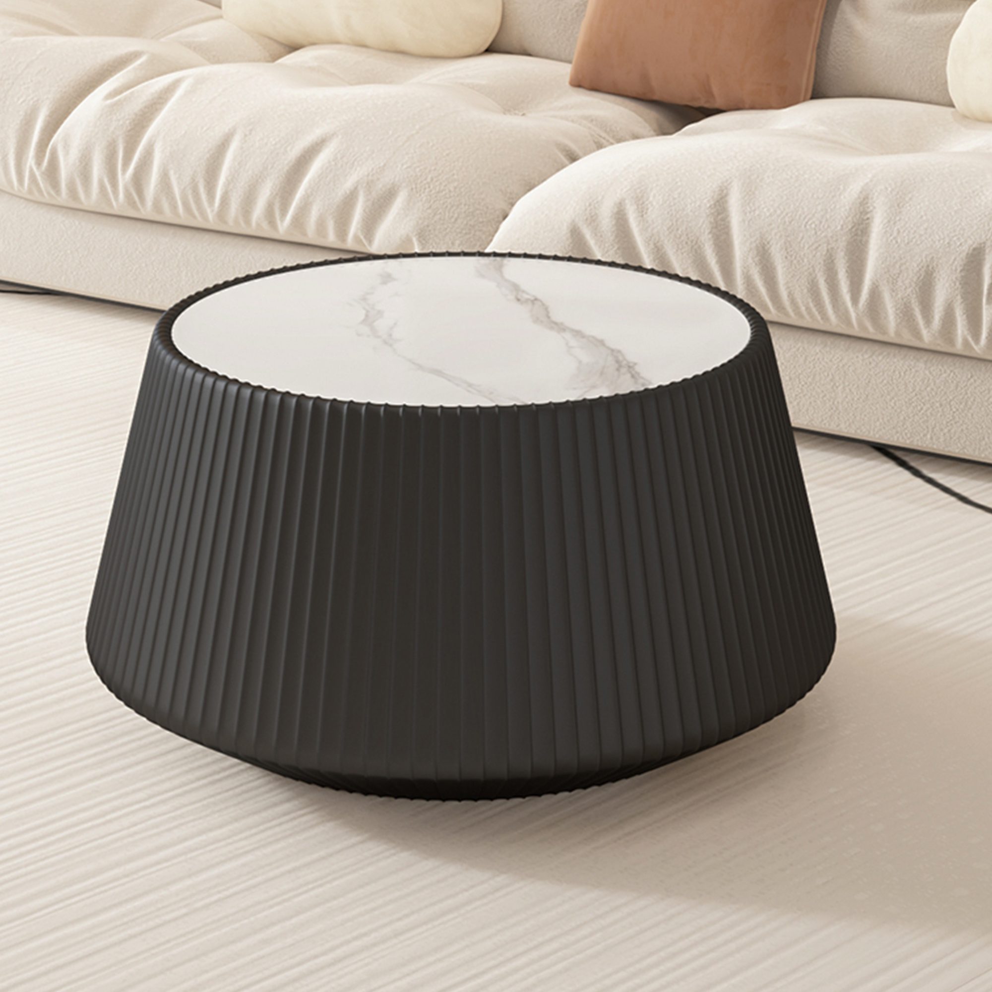 3 Black Round Faux Marble Top Coffee Table with Vertical Fluted PU Leather Drum Base, Modern Minimalist Living Room Accent Table - Image 1