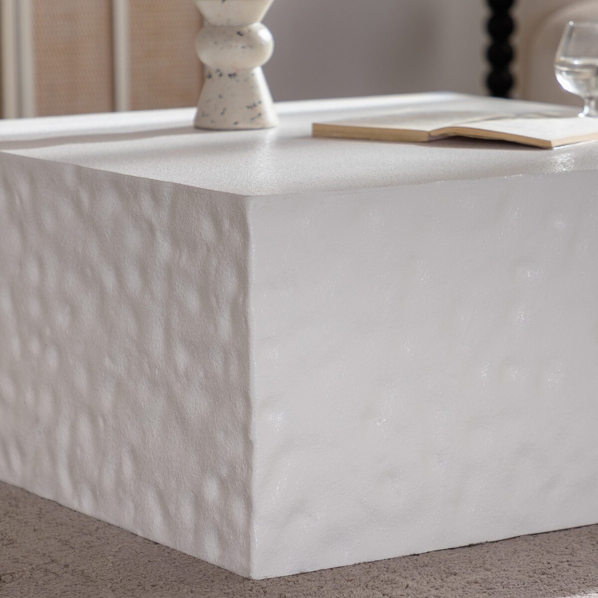 White Hammered-Textured MDF Cube Coffee Table - Modern Square Block Accent Table - Image 3
