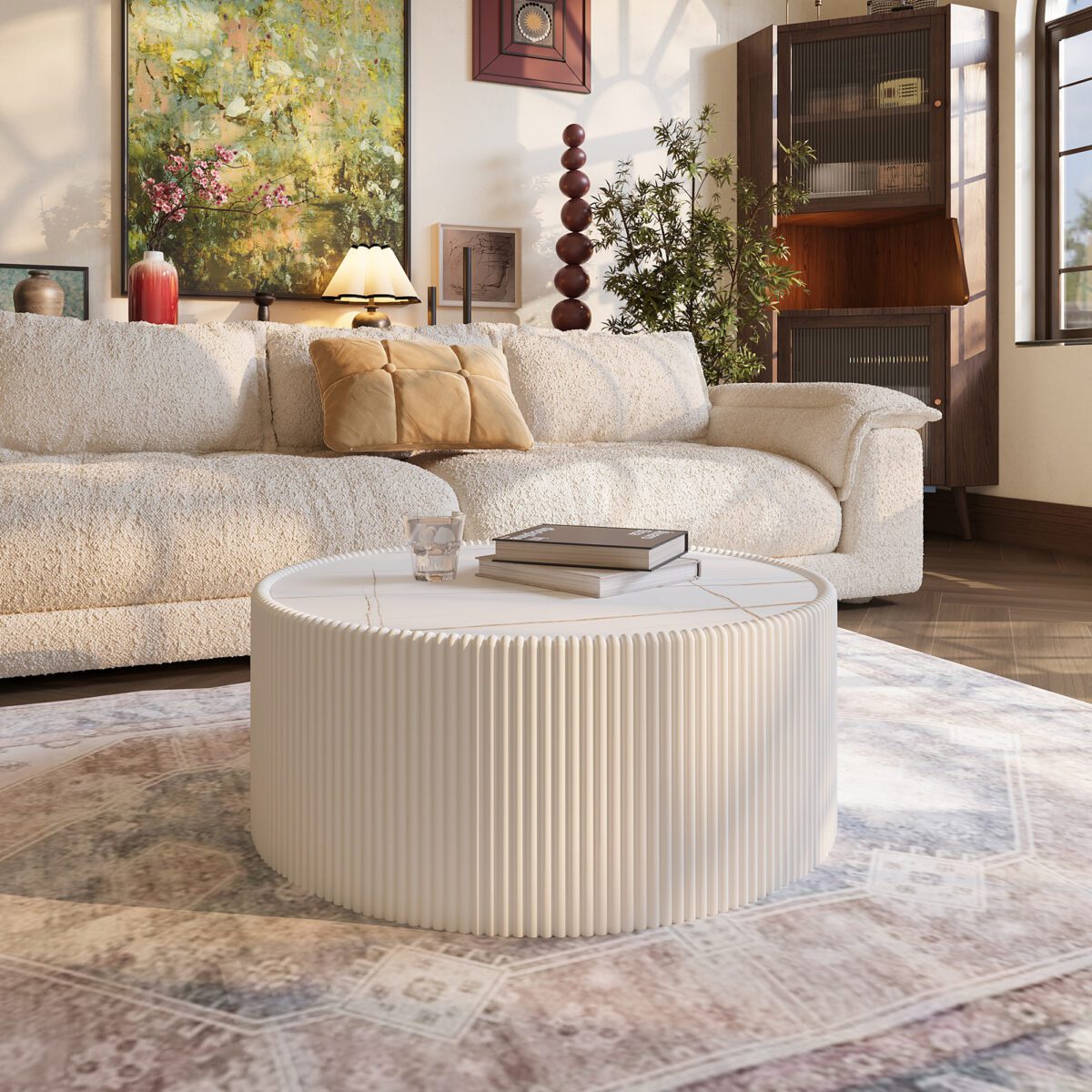 Round Faux Marble Top Coffee Table with Vertical Fluted PU Leather Drum Base, Modern Cream White Living Room Center Table - Image 3
