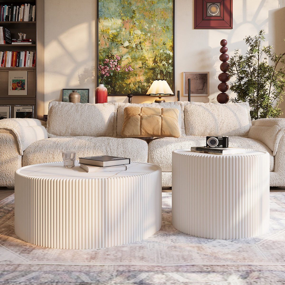 Round Faux Marble Top Side Table with Vertical Fluted PU Leather Cylinder Base, Modern Cream Accent End Table - Image 3