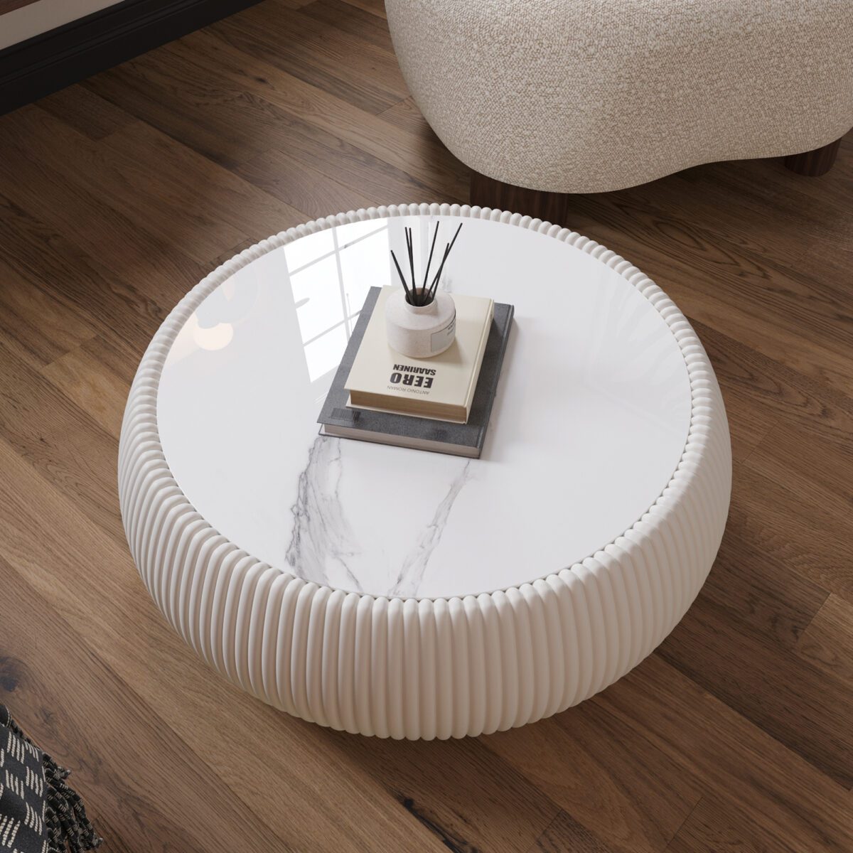 White Round Faux Marble Coffee Table with Vertical Fluted PU Leather Hollow Drum Base, Modern Minimalist Living Room Center Table - Image 6