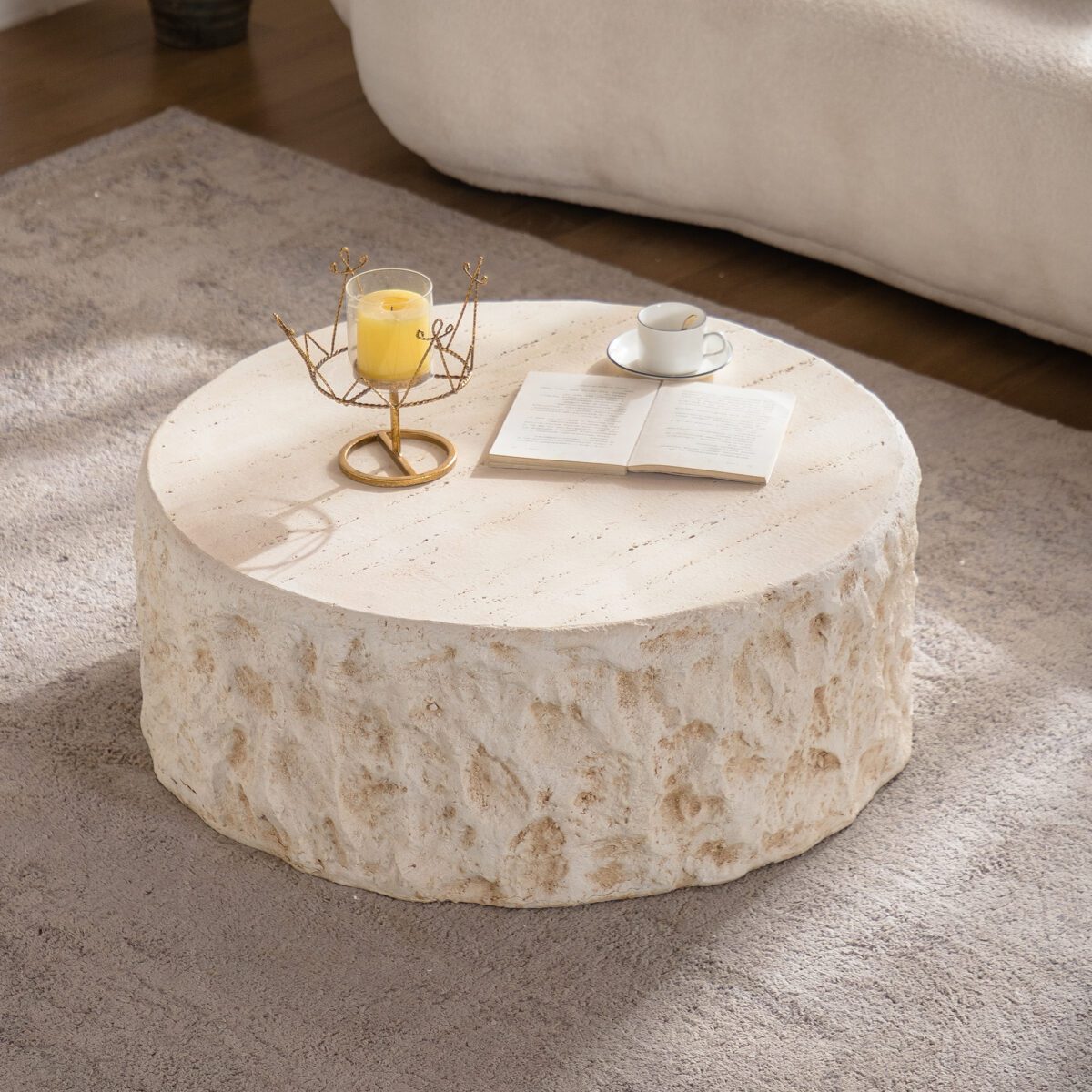 Round Travertine-Effect MDF Coffee Table - Organic Drum Accent Table - Image 2