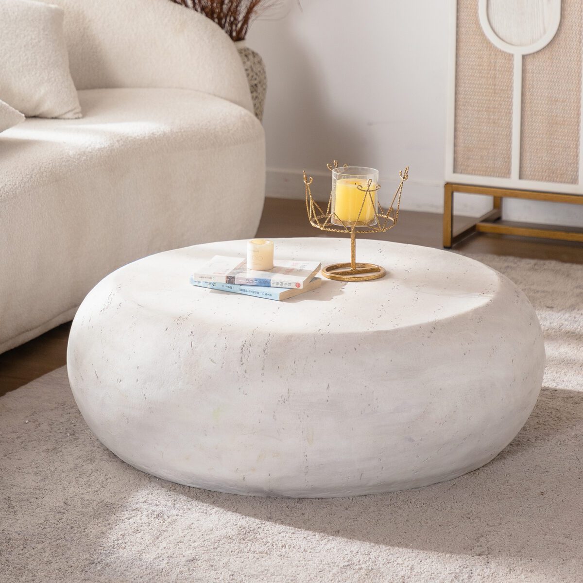 Outdoor Round Travertine-Effect  Coffee Table - Weather-Resistant Low-Profile Patio Accent Table - Image 4