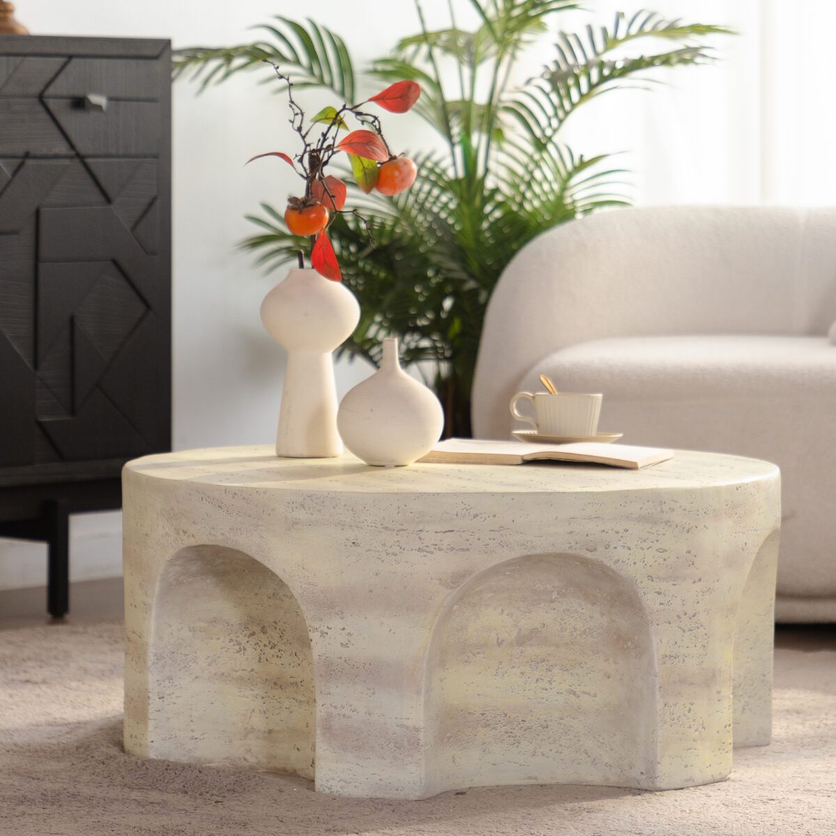 Round Travertine-Effect MDF Coffee Table - Modern Organic Accent Table with Arched Cutouts - Image 3