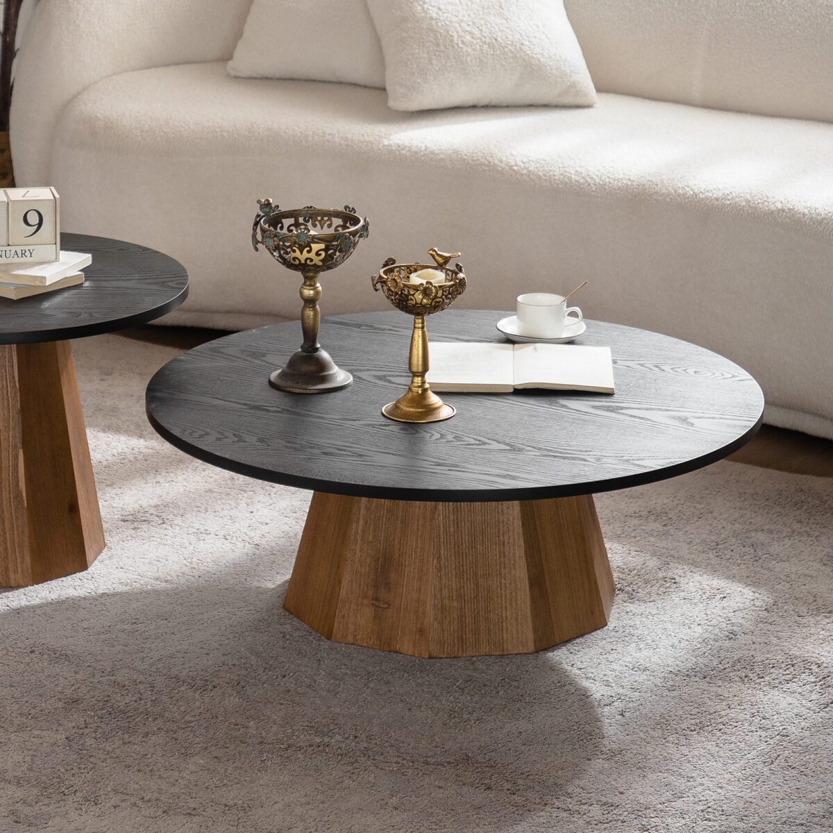 Two-Tone Round MDF Coffee Table - Modern Pedestal Accent Table with Wood Veneer Finish - Image 3