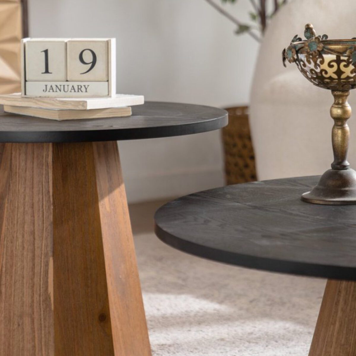 Two-Tone Round MDF Side Table - Modern Faceted Pedestal Accent Table - Image 3
