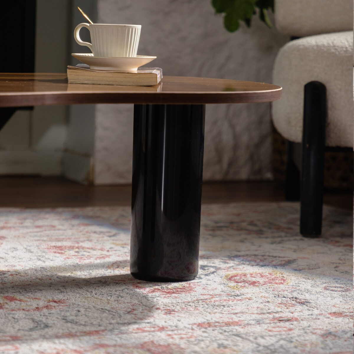 Irregular Organic Walnut Grain MDF Coffee Table, Modern Gloss Cylindrical Leg Accent Table - Image 3