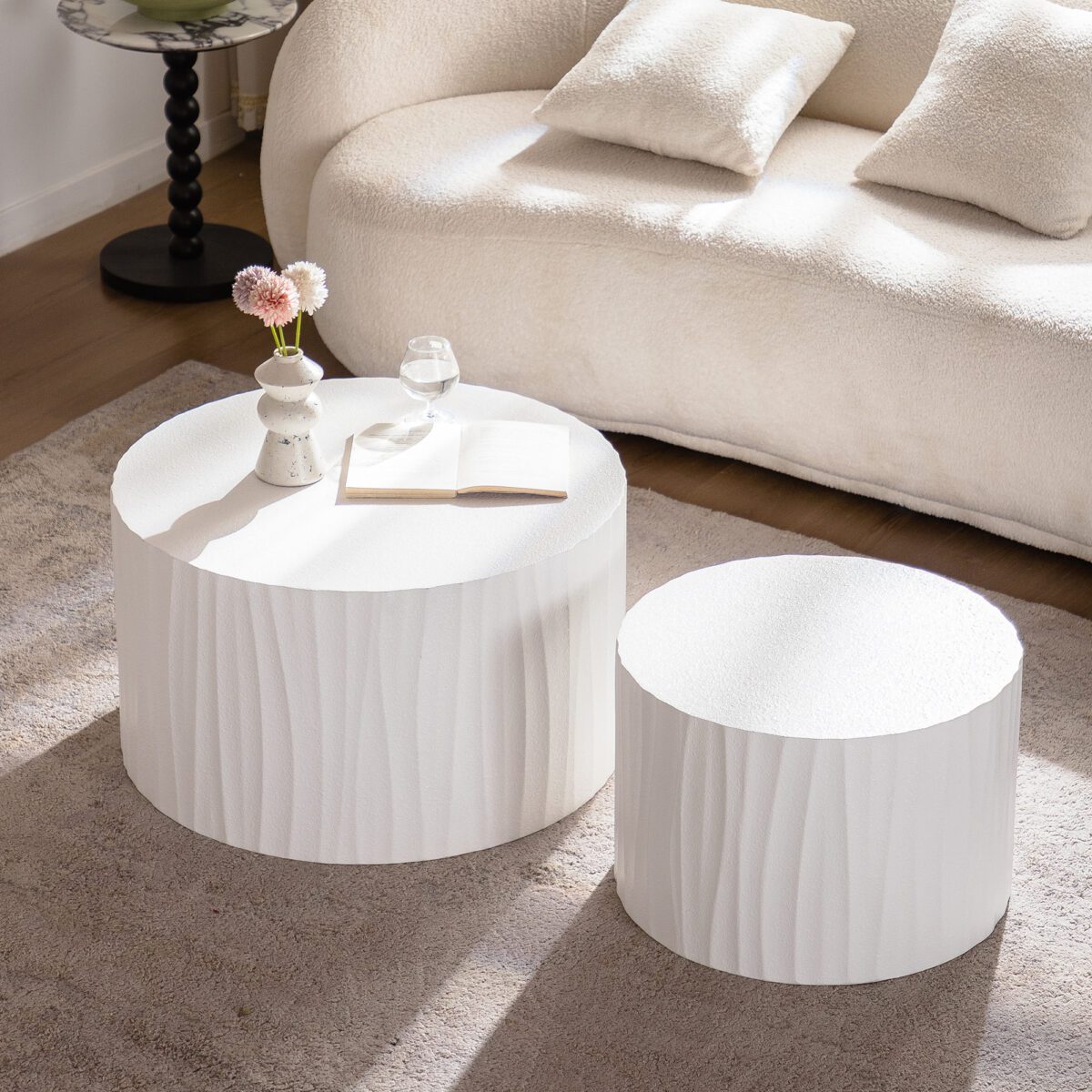 White Fluted Nesting Round MDF Coffee Table Set of 2, Modern Ribbed Cylinder Accent Tables - Image 3