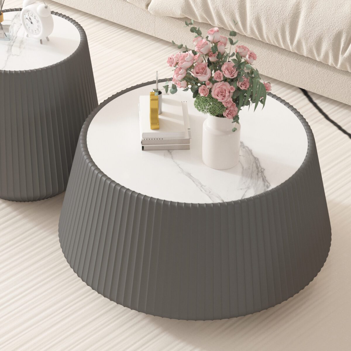 Round Faux Marble Top Coffee Table with Vertical Fluted PU Leather Wrapped Drum Base, Modern Minimalist Accent Table - Image 3