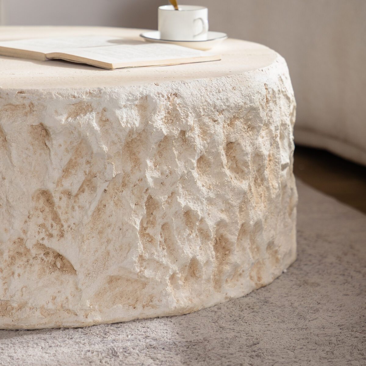 Round Travertine-Effect MDF Coffee Table - Organic Drum Accent Table - Image 3