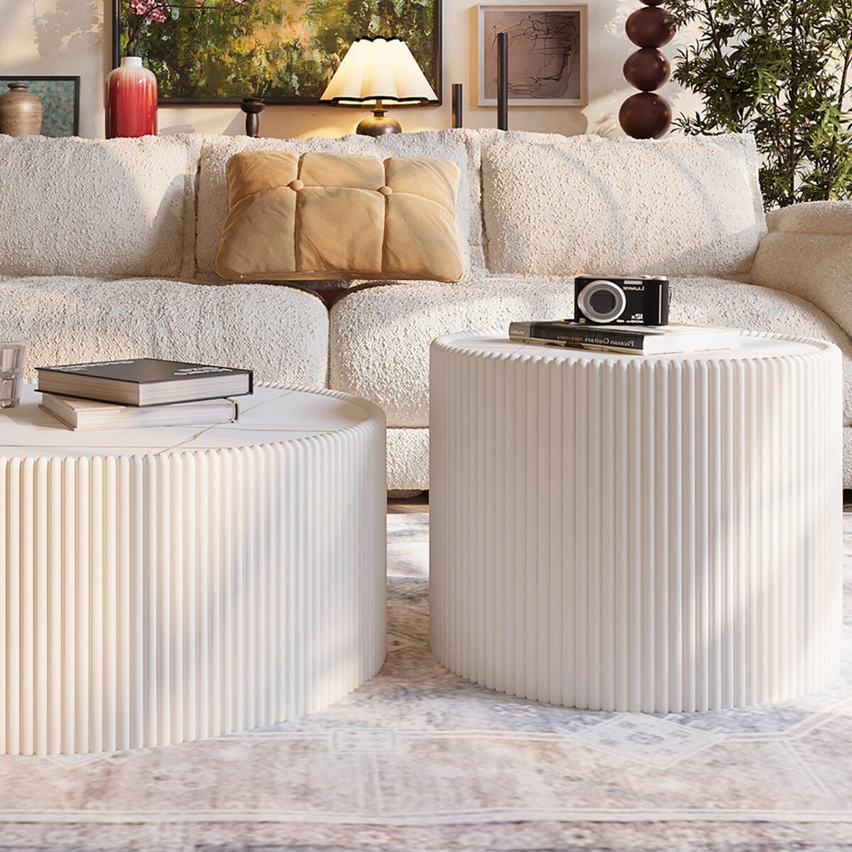 Round Faux Marble Top Side Table with Vertical Fluted PU Leather Cylinder Base, Modern Cream Accent End Table - Image 4